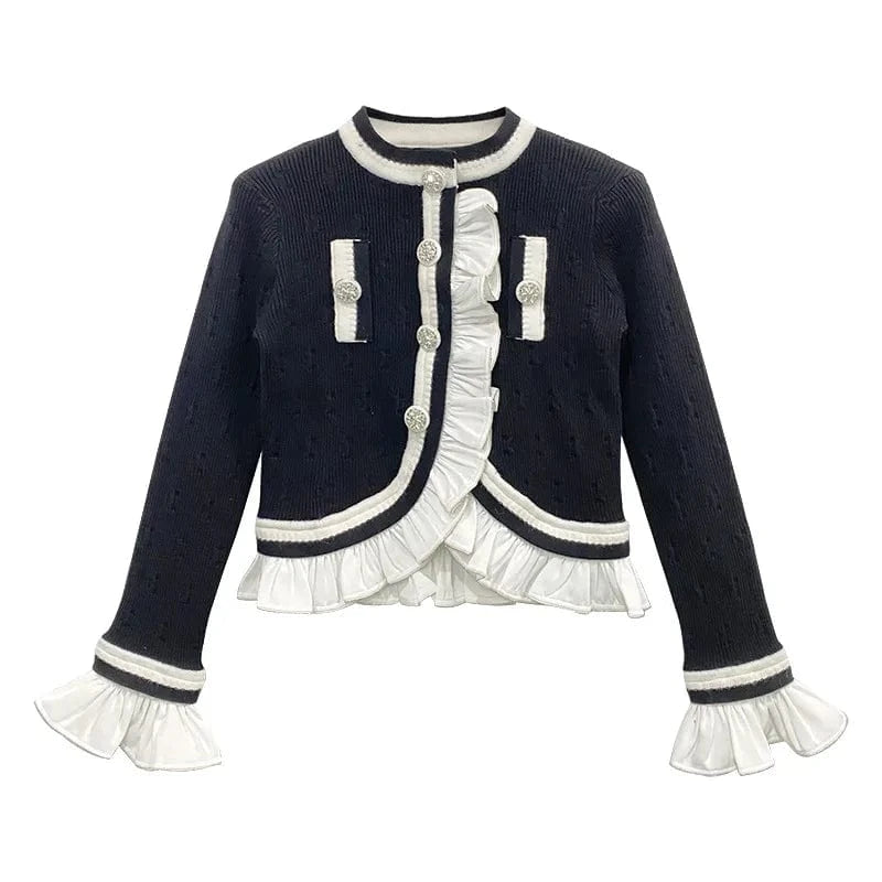 Spring Lady Fashion Fine Workmanship Ruffles Suit Long Sleeve Single-breasted Knit Cardigan Mini Skirt Women Colorblock 2Pcs