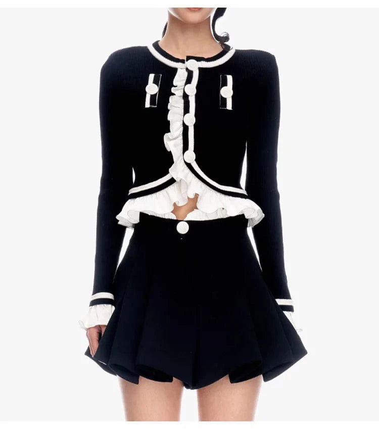 Spring Lady Fashion Fine Workmanship Ruffles Suit Long Sleeve Single-breasted Knit Cardigan Mini Skirt Women Colorblock 2Pcs