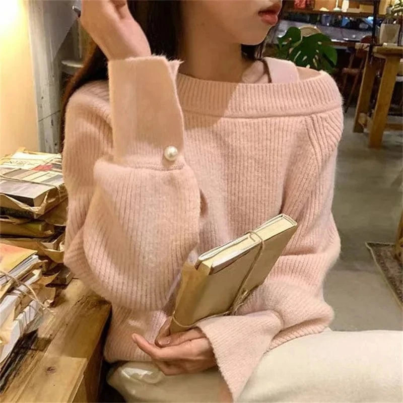Spring new arrival high-quality best-selling square collar long sleeve loose sexy fashion ladies boutique solid color sweater