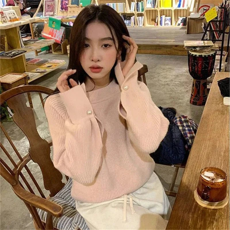 Spring new arrival high-quality best-selling square collar long sleeve loose sexy fashion ladies boutique solid color sweater