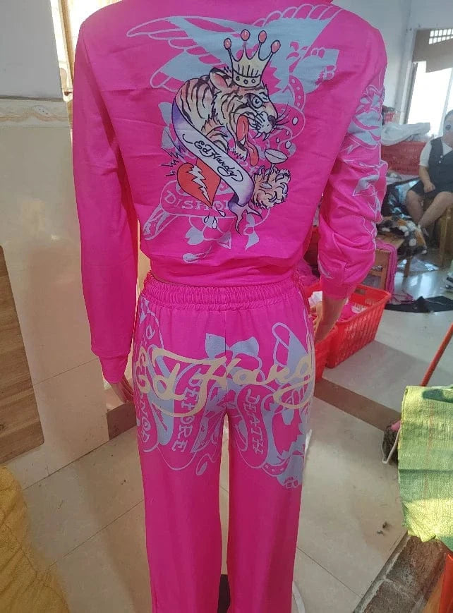 Spring Pink Zip Hooded Crop Tops Streetwear Suit 2024 Printed Two Piece Pants Set Women Casual Tracksuits Hooded Jogger Suits