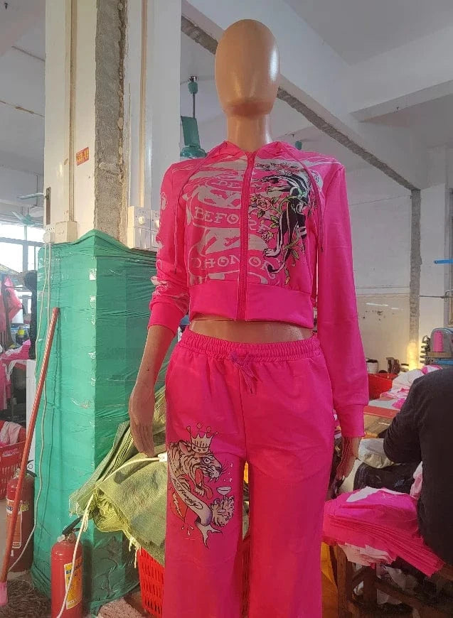 Spring Pink Zip Hooded Crop Tops Streetwear Suit 2024 Printed Two Piece Pants Set Women Casual Tracksuits Hooded Jogger Suits