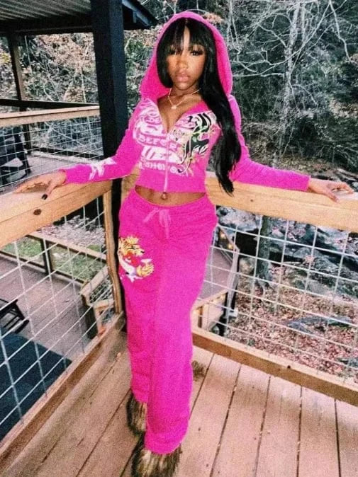 Spring Pink Zip Hooded Crop Tops Streetwear Suit 2024 Printed Two Piece Pants Set Women Casual Tracksuits Hooded Jogger Suits