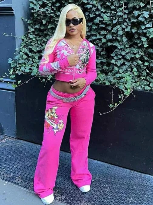 Spring Pink Zip Hooded Crop Tops Streetwear Suit 2024 Printed Two Piece Pants Set Women Casual Tracksuits Hooded Jogger Suits