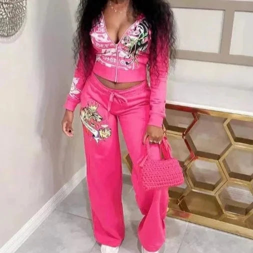 Spring Pink Zip Hooded Crop Tops Streetwear Suit 2024 Printed Two Piece Pants Set Women Casual Tracksuits Hooded Jogger Suits