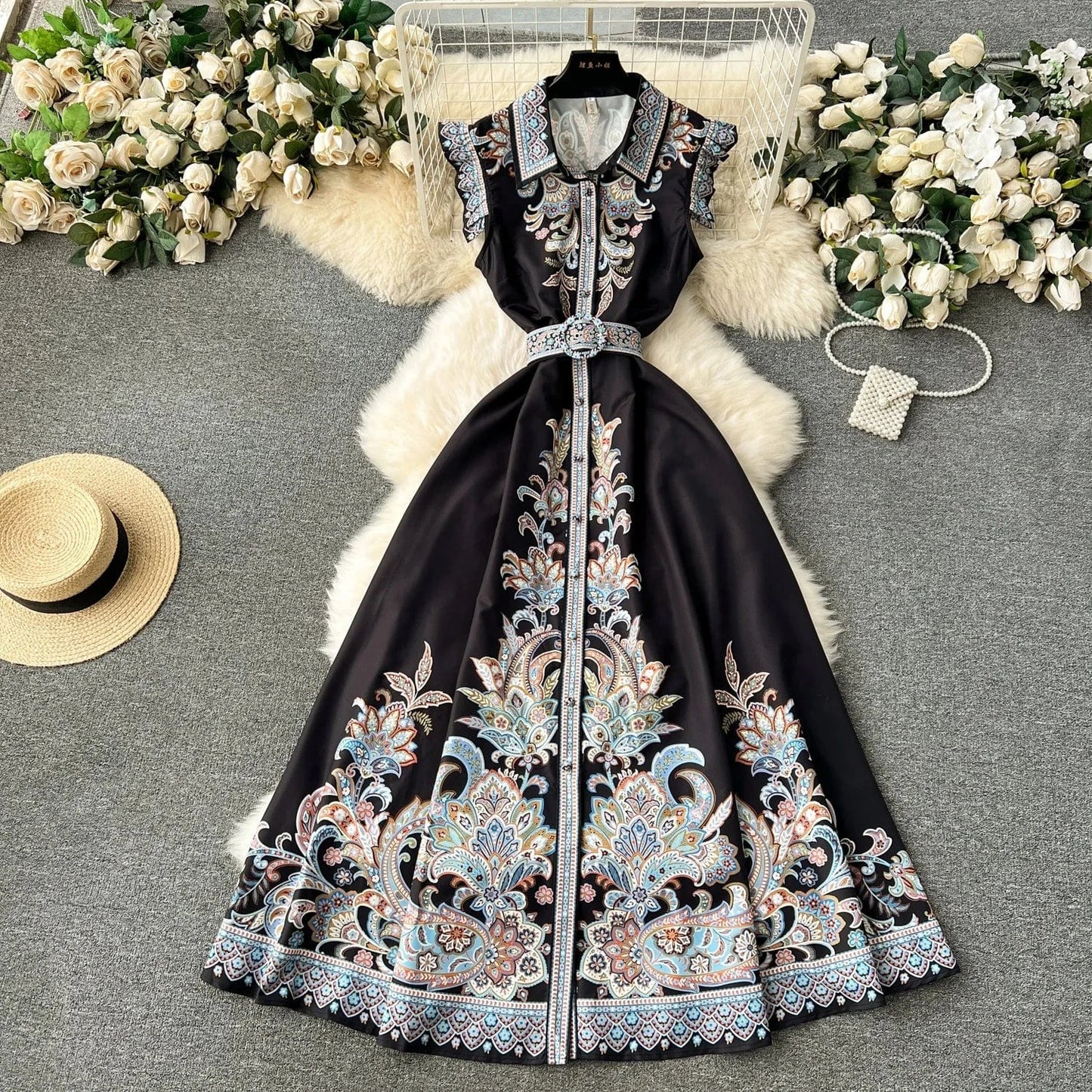 Spring / Summer 2024 Lapel Sleeveless Print Long Dress
