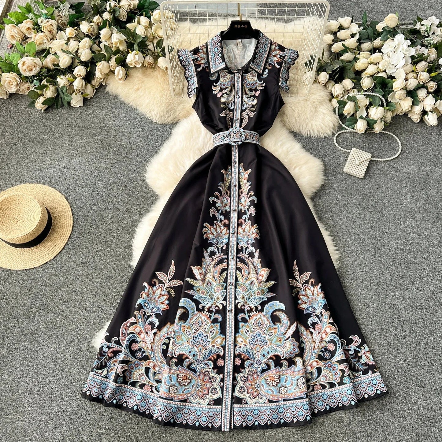 Spring / Summer 2024 Lapel Sleeveless Print Long Dress