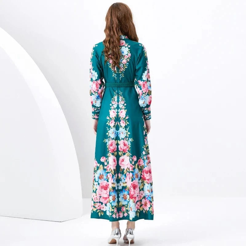 Spring/Summer 2024- Resort style retro stand up collar single breasted lantern sleeve printed wide hem long dress KL6232080