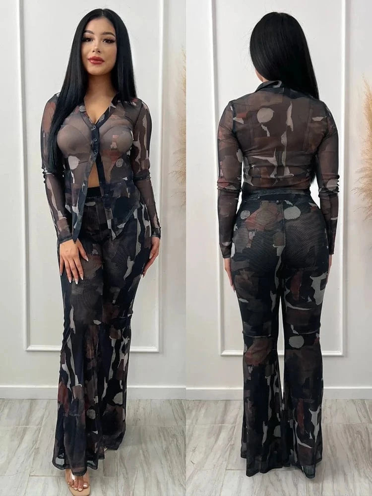 Spring Summer 2025 Women Clothing Mesh Tie Dye Print Long Sleeve Lace-up Shirts and Flared Pants Suit Women's Casual 2 Piece Set