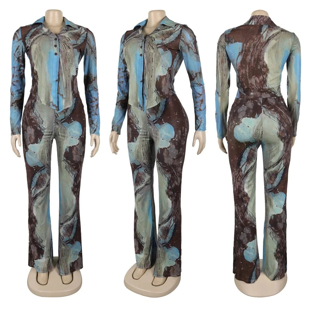 Spring Summer 2025 Women Clothing Mesh Tie Dye Print Long Sleeve Lace-up Shirts and Flared Pants Suit Women's Casual 2 Piece Set