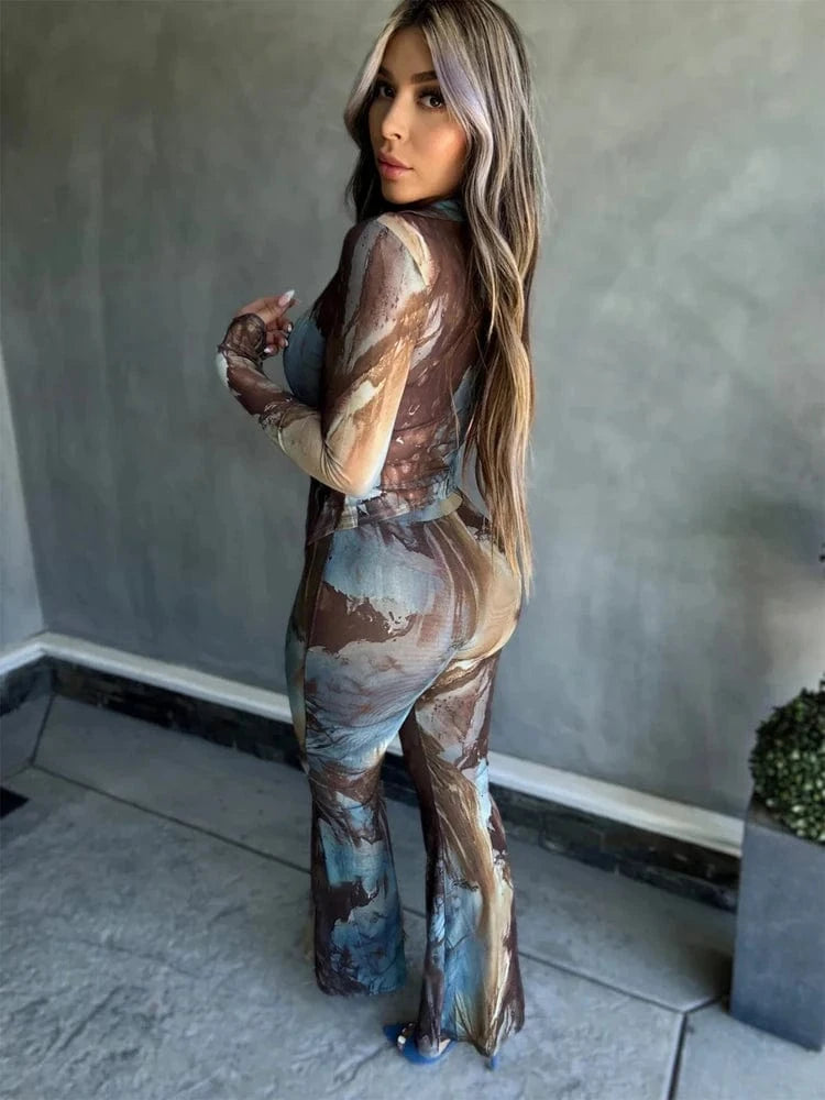 Spring Summer 2025 Women Clothing Mesh Tie Dye Print Long Sleeve Lace-up Shirts and Flared Pants Suit Women's Casual 2 Piece Set