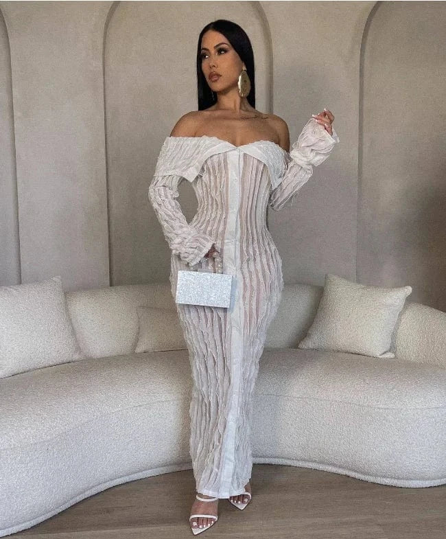 Spring Summer Casual Dresses For Women 2024 Off Shoulder Long Sleeve Bodycon Maxi Dress Elegant Ladies Sexy Ruffle Long Dress