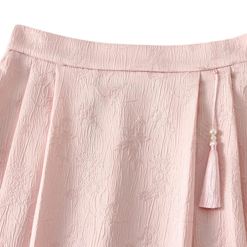 Spring Summer Chinese Style Elegant Midi Skirt Women Jacquard Vintage Black Pockets A-line Skirts Big Hem High Waist Pink Faldas