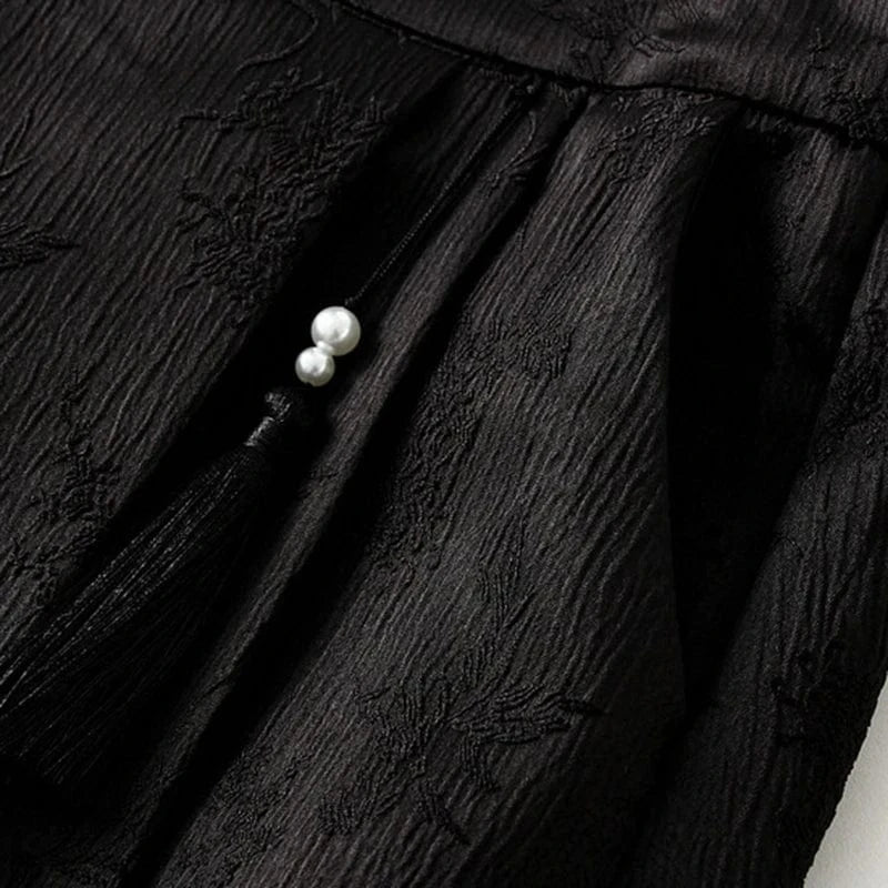 Spring Summer Chinese Style Elegant Midi Skirt Women Jacquard Vintage Black Pockets A-line Skirts Big Hem High Waist Pink Faldas