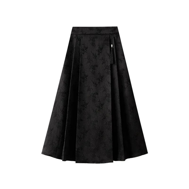 Spring Summer Chinese Style Elegant Midi Skirt Women Jacquard Vintage Black Pockets A-line Skirts Big Hem High Waist Pink Faldas