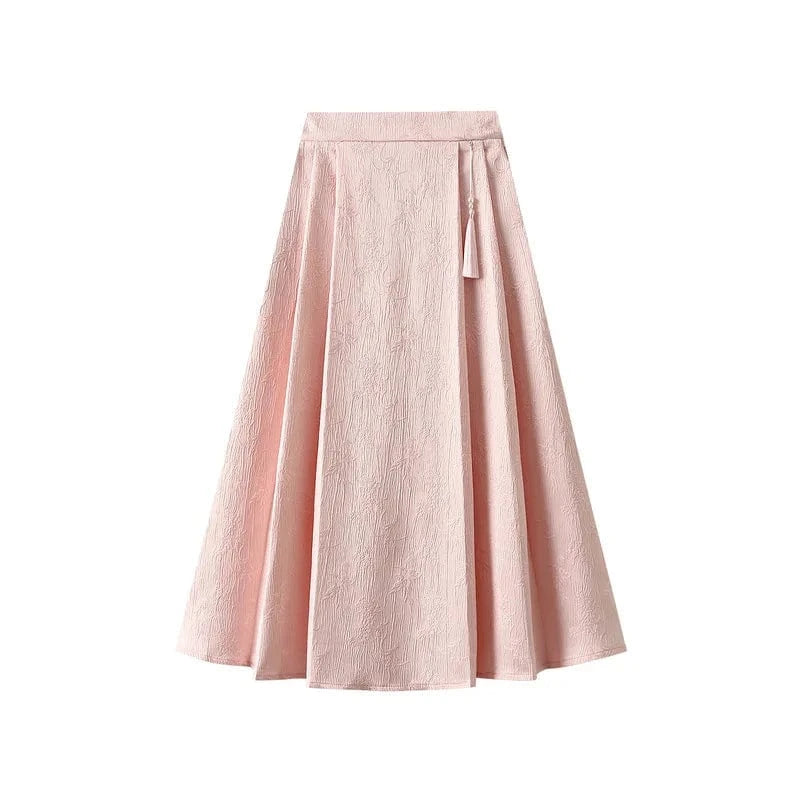 Spring Summer Chinese Style Elegant Midi Skirt Women Jacquard Vintage Black Pockets A-line Skirts Big Hem High Waist Pink Faldas