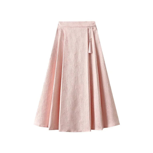 Spring Summer Chinese Style Elegant Midi Skirt Women Jacquard Vintage Black Pockets A-line Skirts Big Hem High Waist Pink Faldas
