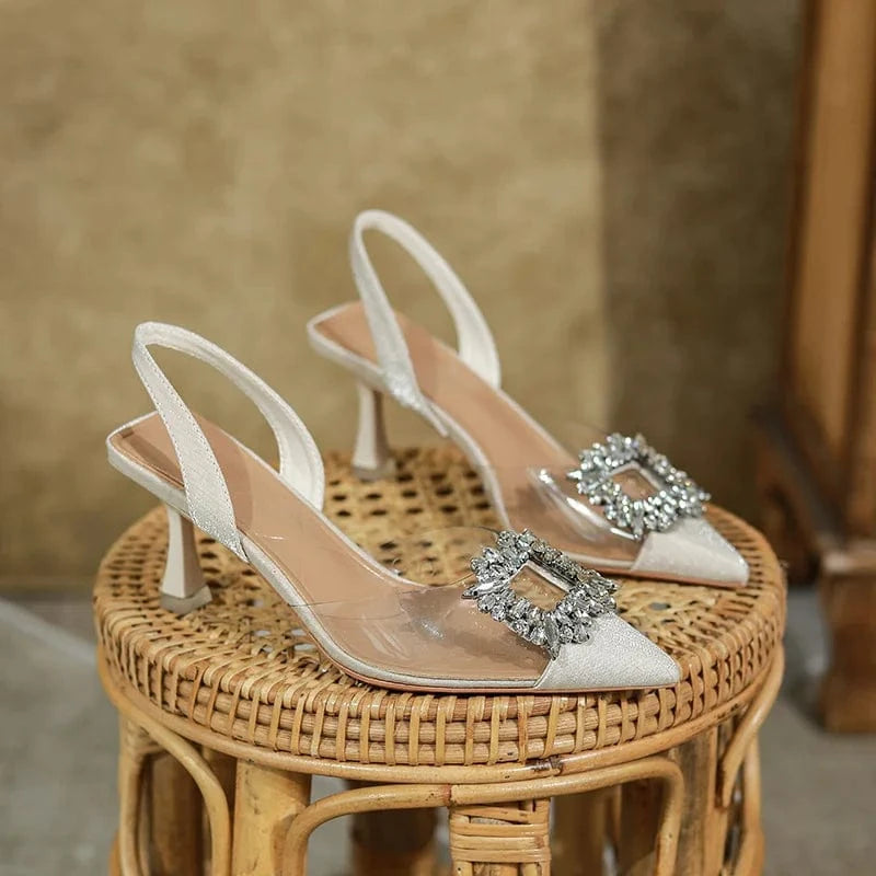 Spring Summer Elegant Ladies Transparent Wrap-toe Rhinestone Square Buckle High Heel Stilettos Sandals For Women