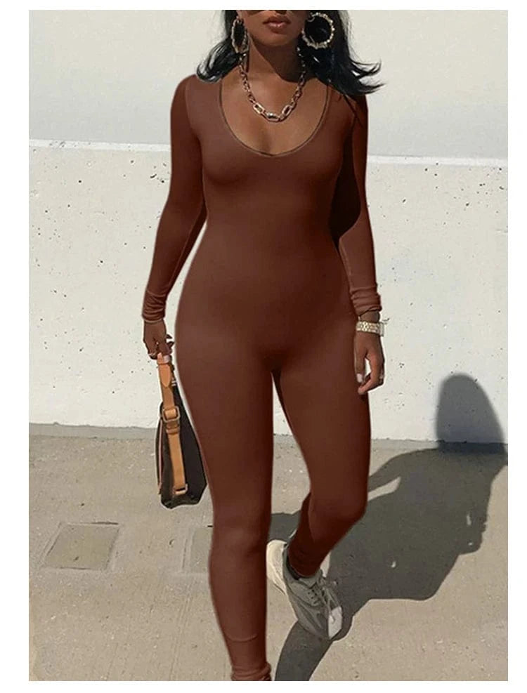 Spring Summer New Women's Long Sleeve Solid Color Skinny Jumpsuit Fashion Sports Fitness Pullover Casual Wear