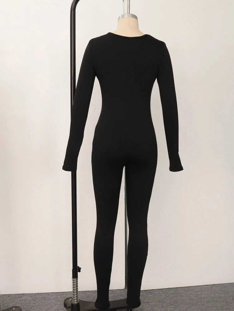 Spring Summer New Women's Long Sleeve Solid Color Skinny Jumpsuit Fashion Sports Fitness Pullover Casual Wear