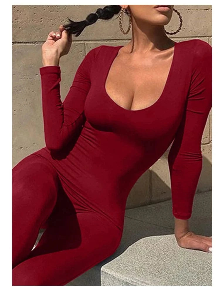 Spring Summer New Women's Long Sleeve Solid Color Skinny Jumpsuit Fashion Sports Fitness Pullover Casual Wear