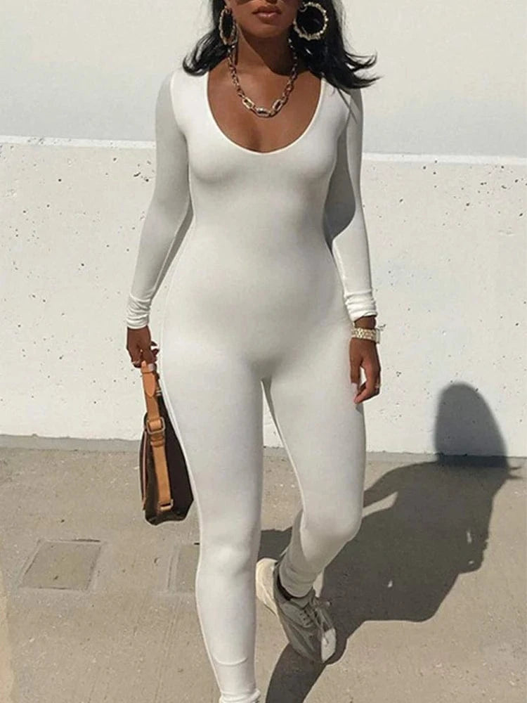 Spring Summer New Women's Long Sleeve Solid Color Skinny Jumpsuit Fashion Sports Fitness Pullover Casual Wear