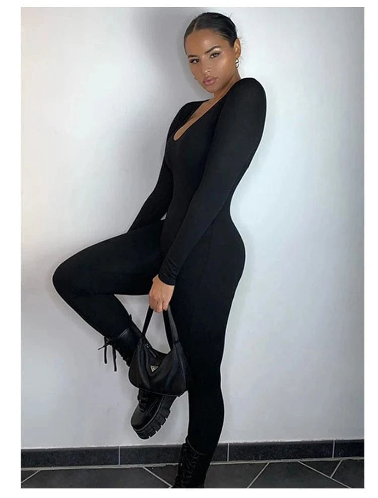Spring Summer New Women's Long Sleeve Solid Color Skinny Jumpsuit Fashion Sports Fitness Pullover Casual Wear