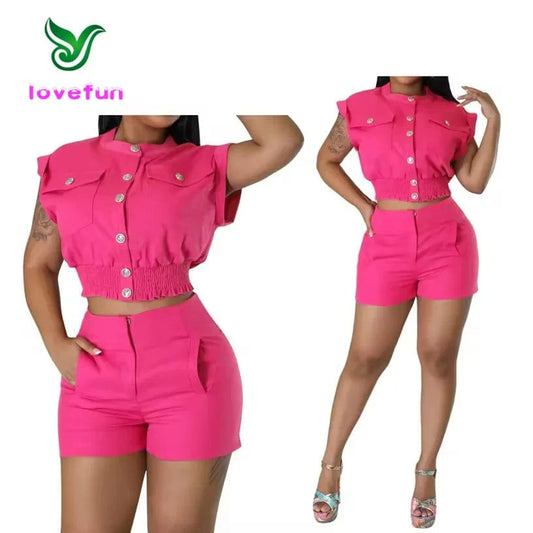 Spring Summer Women' Clothing Fashion Tight Waist Crop Top+Zipper Shorts Short Sleeve Button Top 2 Piece Set