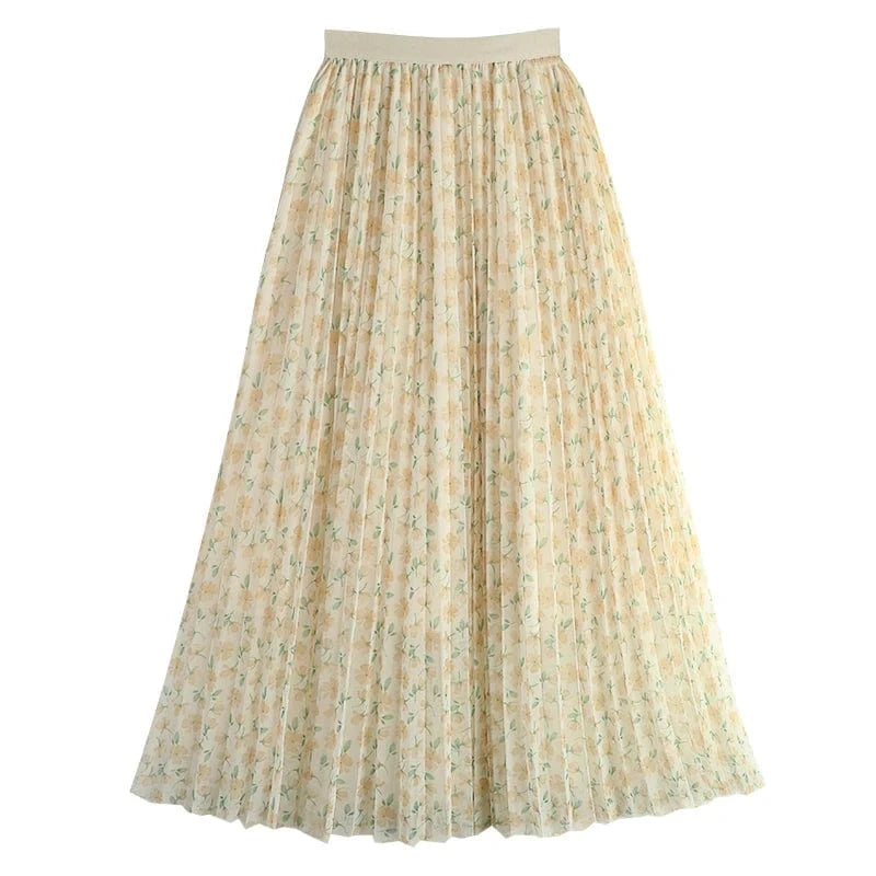 Spring Summer Women Skirt Floral Printed Mesh Waist Elastic Band Pleated Mid-Calf Skirts for Woman Vintage Beach Boho Jupes Saia