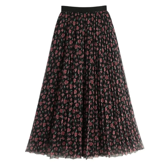 Spring Summer Women Skirt Floral Printed Mesh Waist Elastic Band Pleated Mid-Calf Skirts for Woman Vintage Beach Boho Jupes Saia