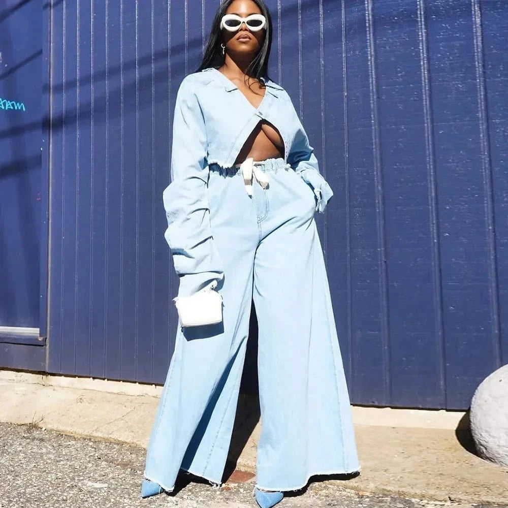 Spring two piece set women clothing 2023 denim style fashion women's jean jacket set