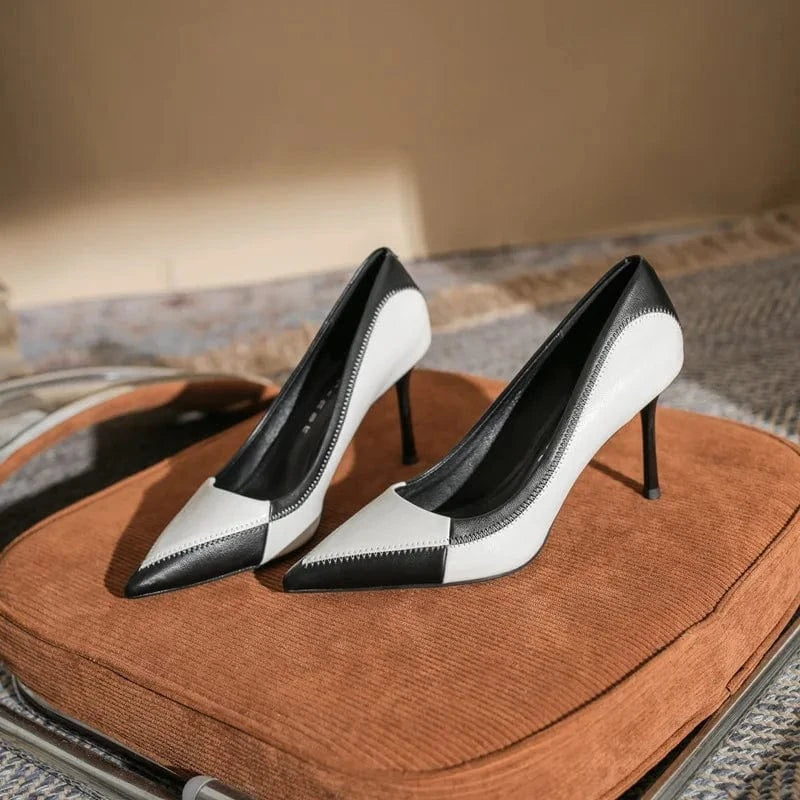 Spring Women Stilettos Hot Sale Synthetic Leather Color Patchwork Shoes Wrap-toe Shallow High Heel Pumps For Ladies Career Shoes