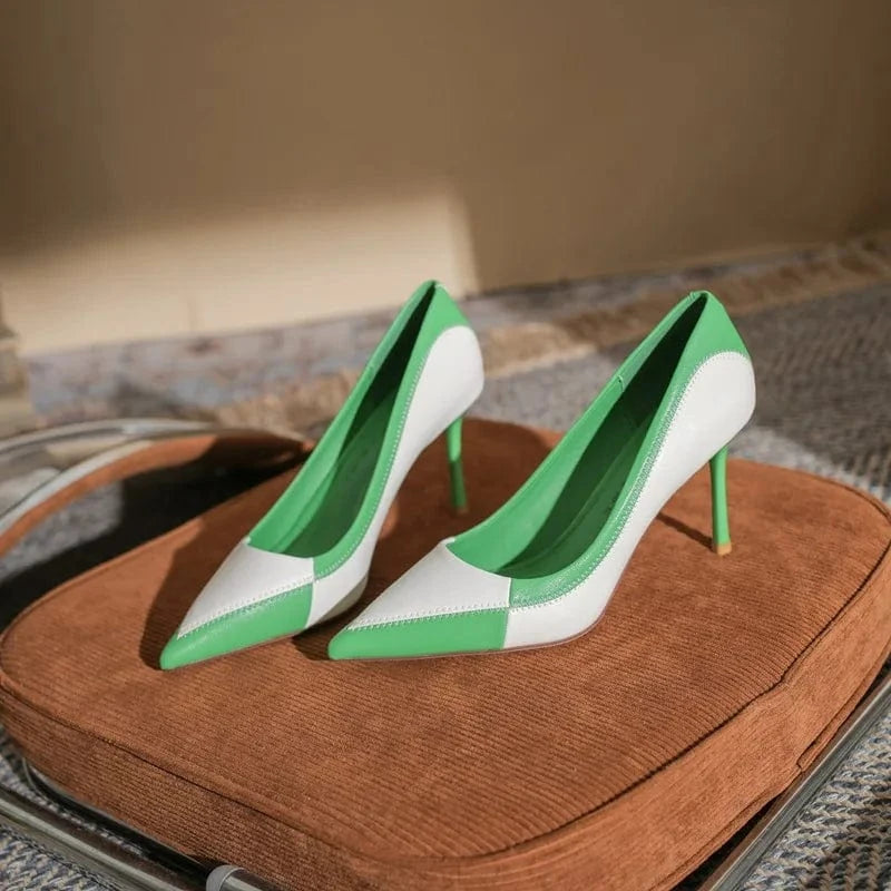 Spring Women Stilettos Hot Sale Synthetic Leather Color Patchwork Shoes Wrap-toe Shallow High Heel Pumps For Ladies Career Shoes