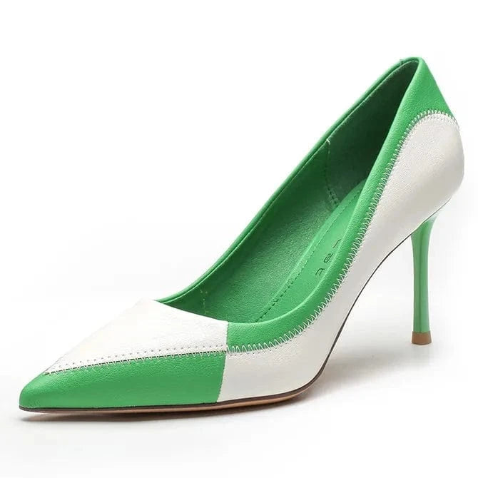 Spring Women Stilettos Hot Sale Synthetic Leather Color Patchwork Shoes Wrap-toe Shallow High Heel Pumps For Ladies Career Shoes