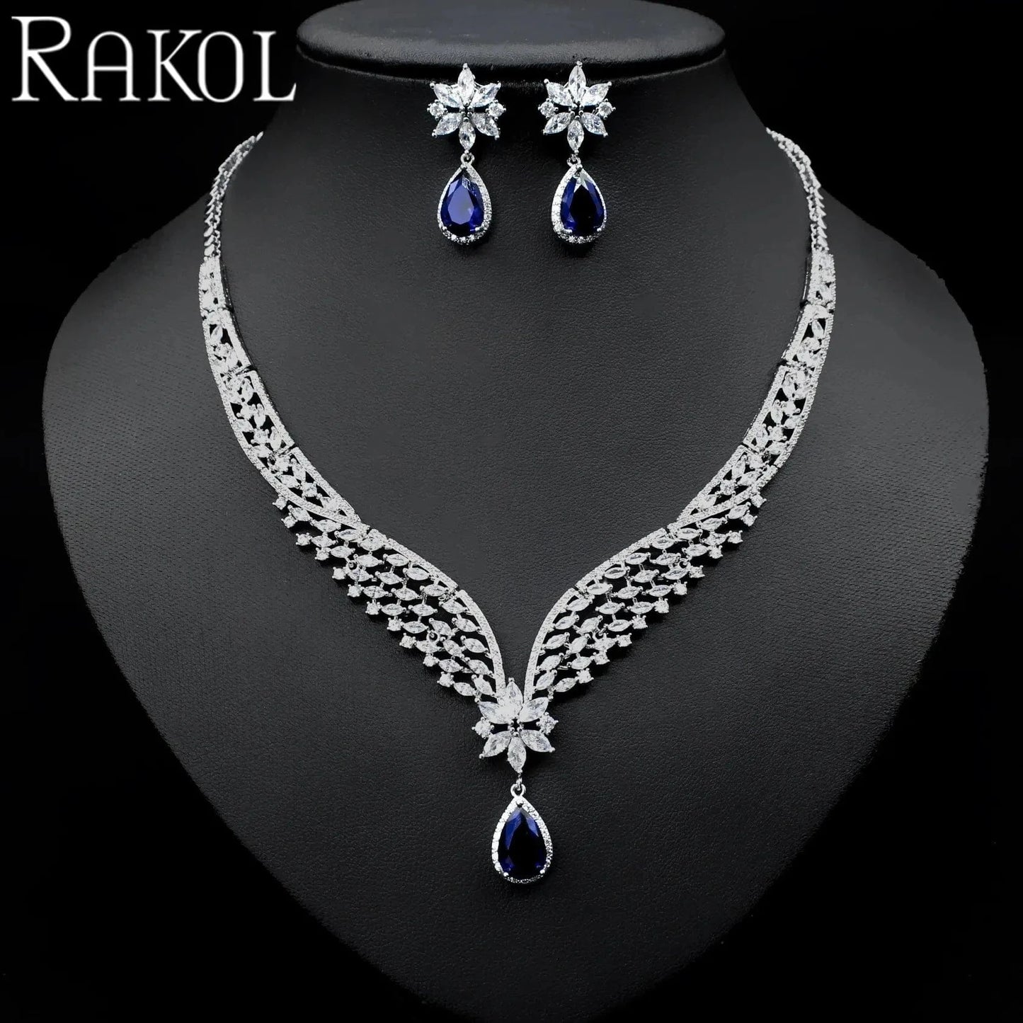 SPSL85-Blue RAKOL SPA061 sterling silver jewelry sets dubai luxury indian wedding bridals cubic zirconia fashion jewelry sets jewellery