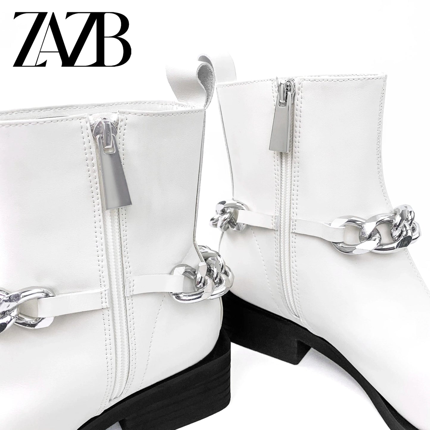 Square head Winter Metal Chain Women Middle cylinder short zipper Martin boots chunky heel ankle leather ladies fashion boots