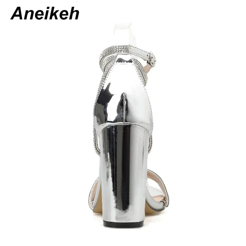 Square Heel Buckle Strap Gladiator 10.5 CM Wedding Pumps Fashion Lady Shoes Silver Lace-Up Bling Crystal Sexy Women Sandals