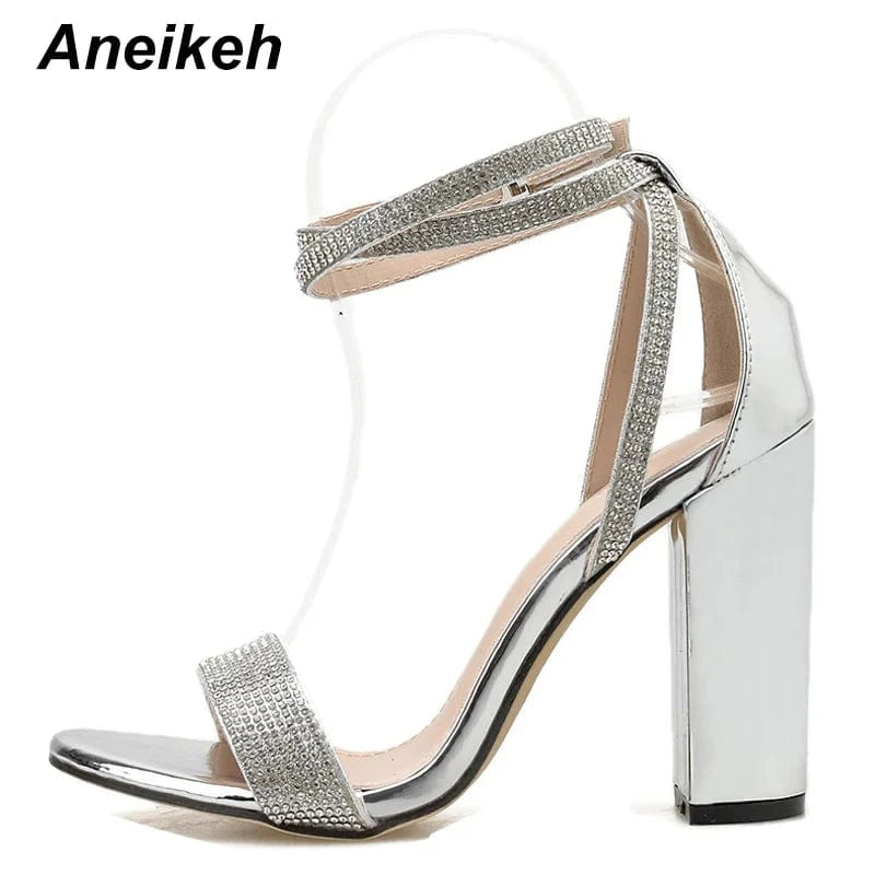 Square Heel Buckle Strap Gladiator 10.5 CM Wedding Pumps Fashion Lady Shoes Silver Lace-Up Bling Crystal Sexy Women Sandals