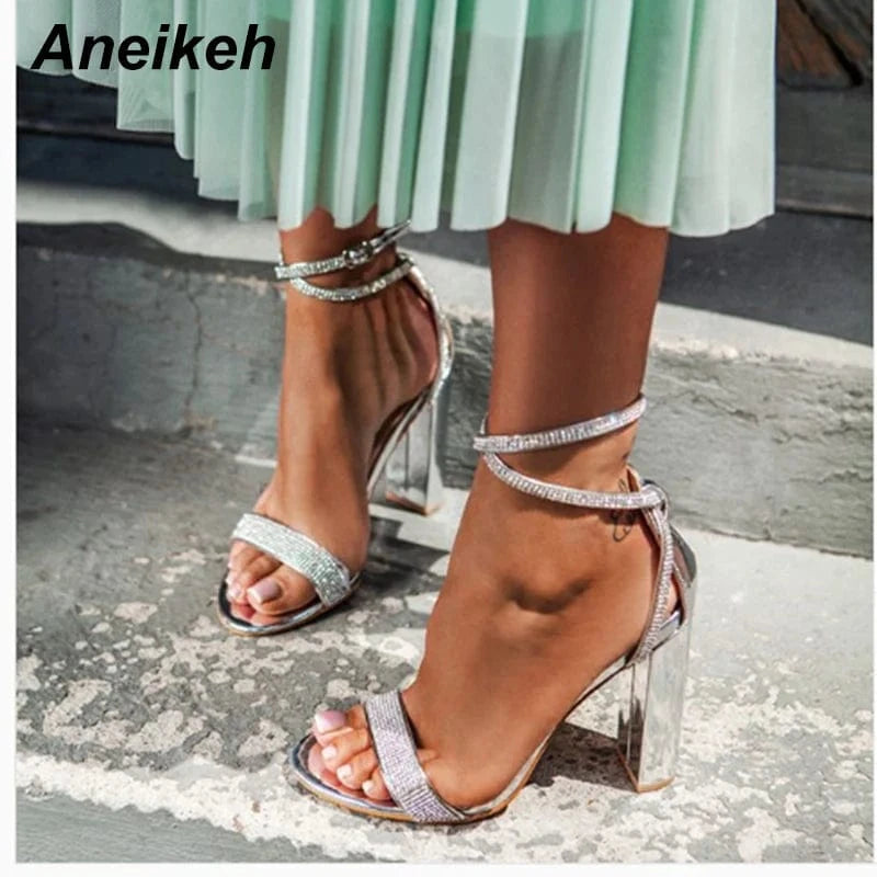 Square Heel Buckle Strap Gladiator 10.5 CM Wedding Pumps Fashion Lady Shoes Silver Lace-Up Bling Crystal Sexy Women Sandals