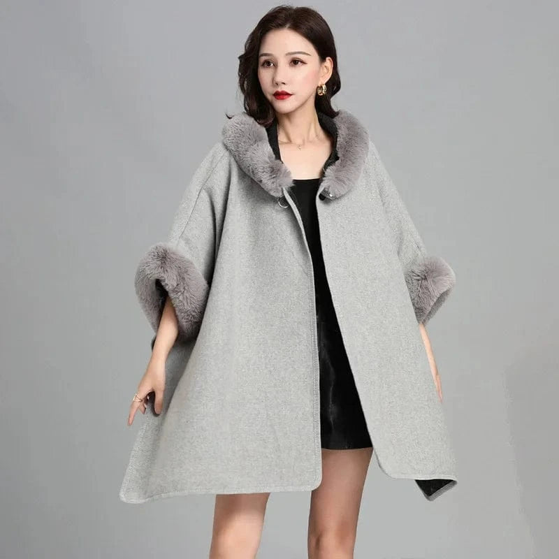 Square Lazy Rabbit Fur Collar Hooded Cape Cloaked Woman Cardigan Mid Length Coat Warm Shawl Poncho Women