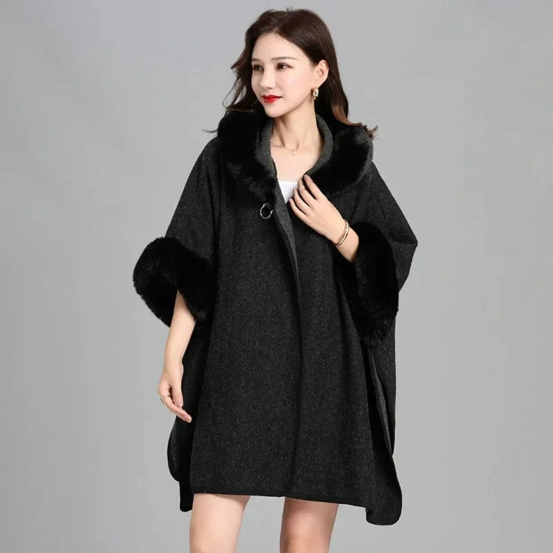 Square Lazy Rabbit Fur Collar Hooded Cape Cloaked Woman Cardigan Mid Length Coat Warm Shawl Poncho Women