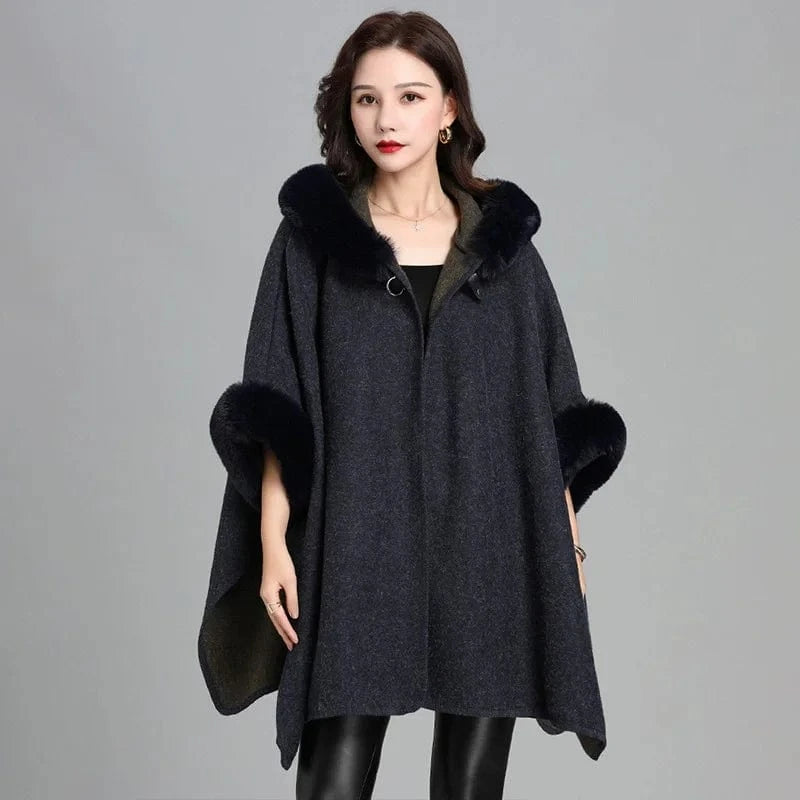 Square Lazy Rabbit Fur Collar Hooded Cape Cloaked Woman Cardigan Mid Length Coat Warm Shawl Poncho Women