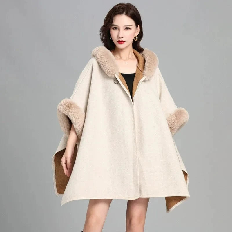 Square Lazy Rabbit Fur Collar Hooded Cape Cloaked Woman Cardigan Mid Length Coat Warm Shawl Poncho Women