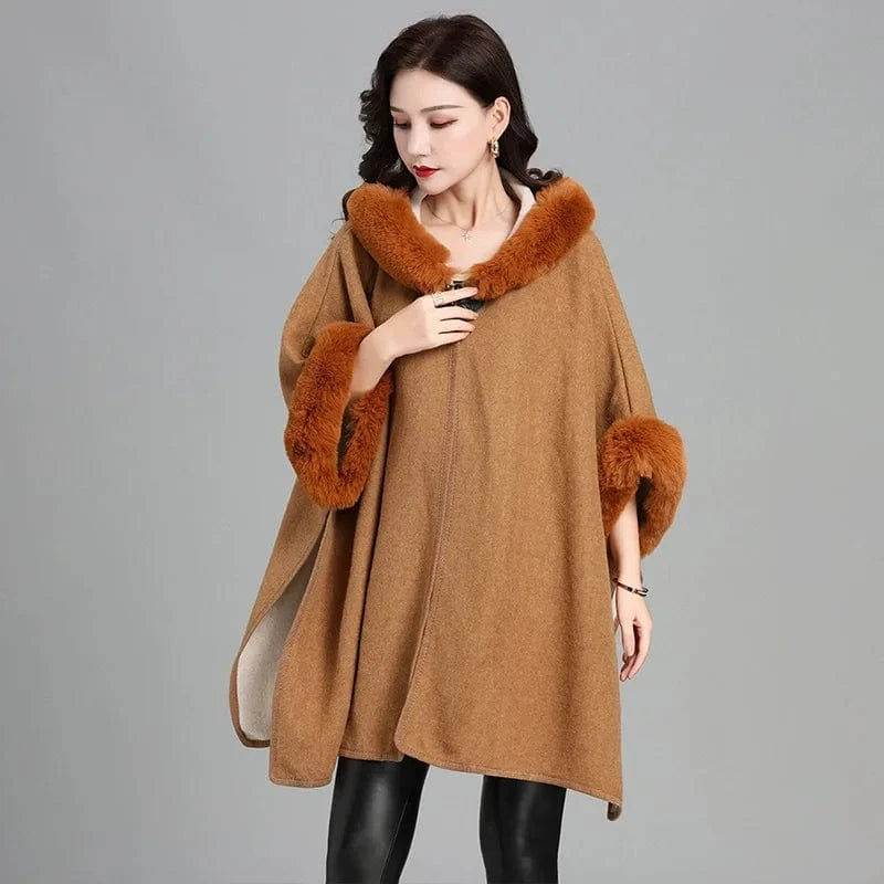 Square Lazy Rabbit Fur Collar Hooded Cape Cloaked Woman Cardigan Mid Length Coat Warm Shawl Poncho Women