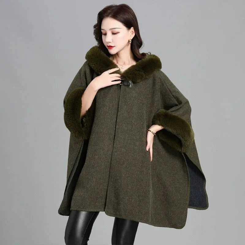 Square Lazy Rabbit Fur Collar Hooded Cape Cloaked Woman Cardigan Mid Length Coat Warm Shawl Poncho Women