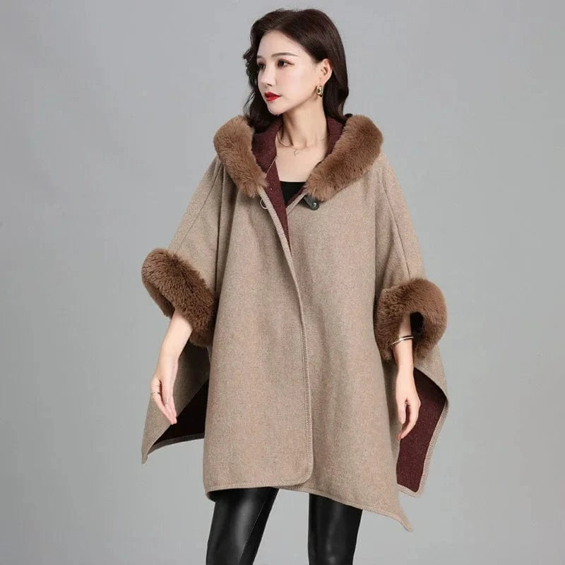Square Lazy Rabbit Fur Collar Hooded Cape Cloaked Woman Cardigan Mid Length Coat Warm Shawl Poncho Women