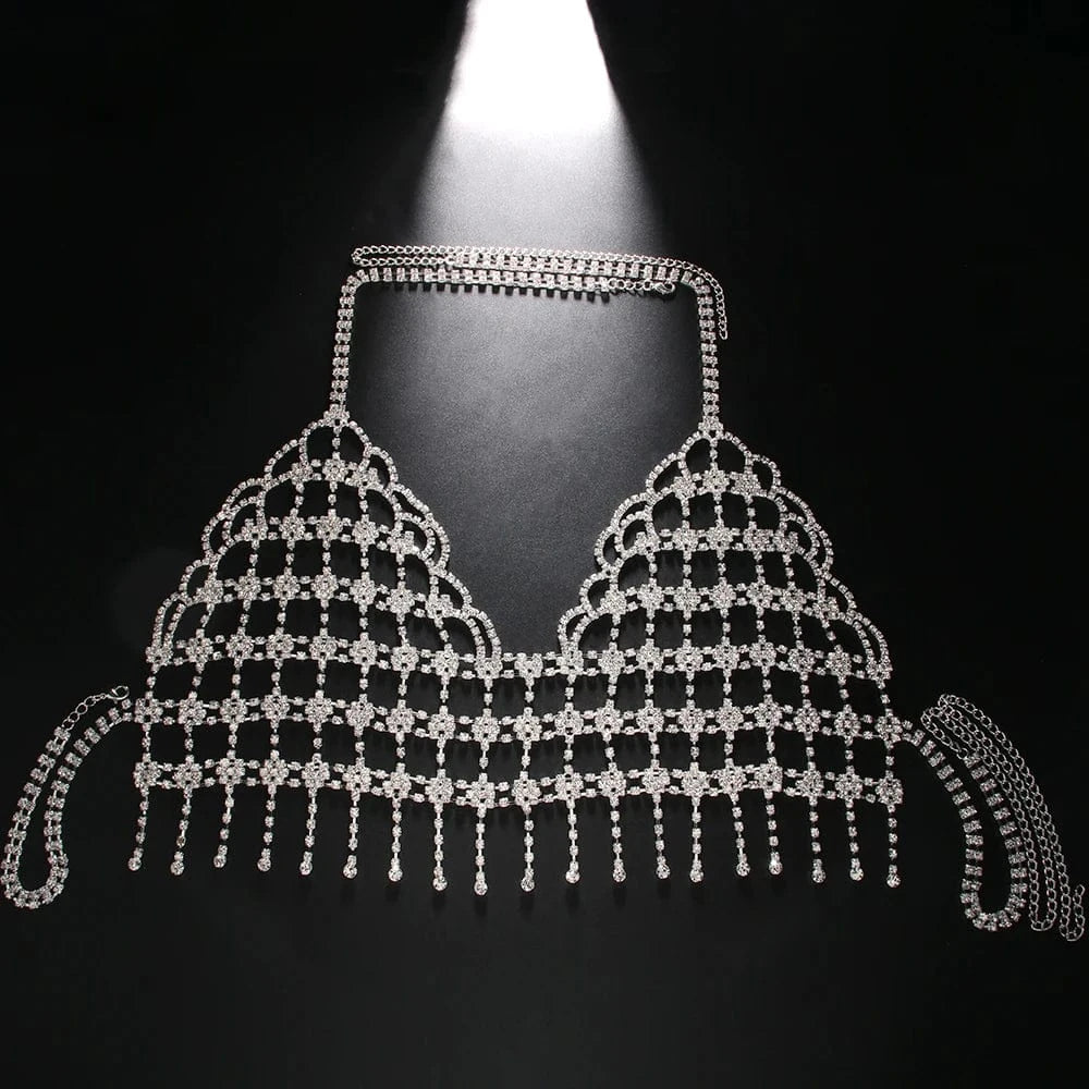 Square Mesh Tassel Rhinestone Chest Chain Harness Women Crystal Bra Chain Underwear Bikini Body Jewelry
