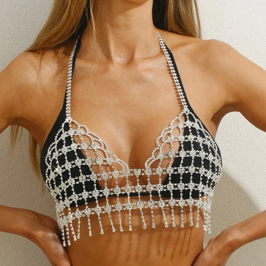 Square Mesh Tassel Rhinestone Chest Chain Harness Women Crystal Bra Chain Underwear Bikini Body Jewelry