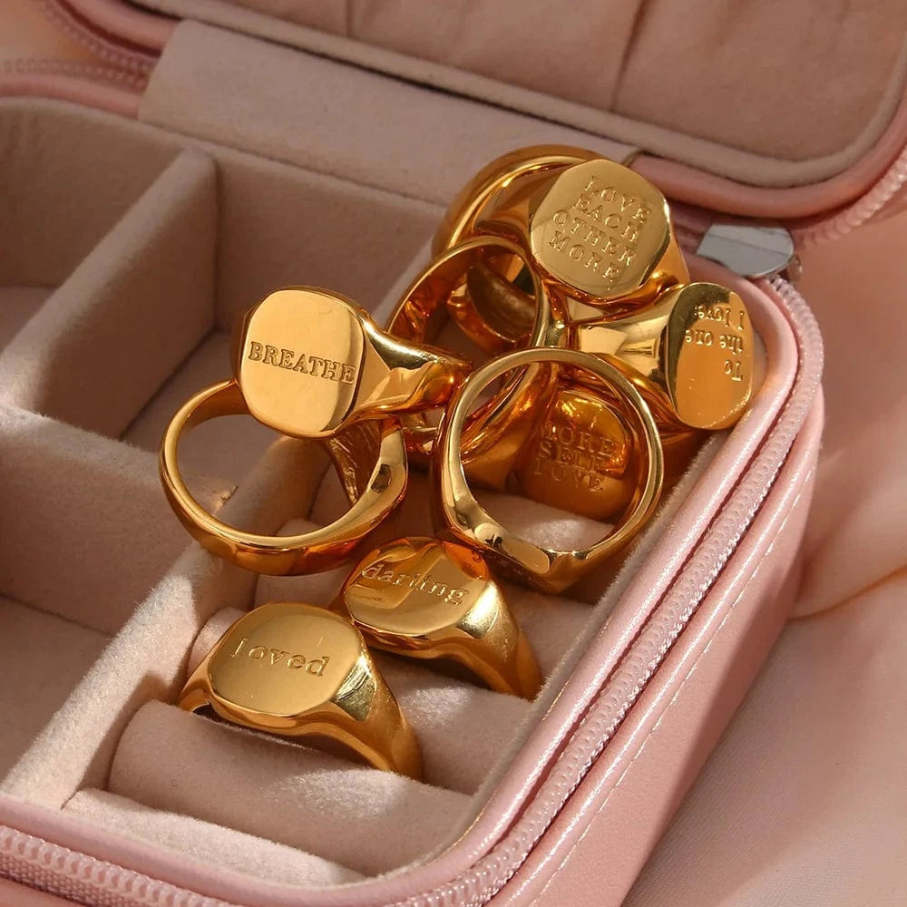 Stainless Steel Engraved English Letter Rings for Women Men 18K Gold PVD Plated Waterproof Sweet Words Rings Wholesale Bulk