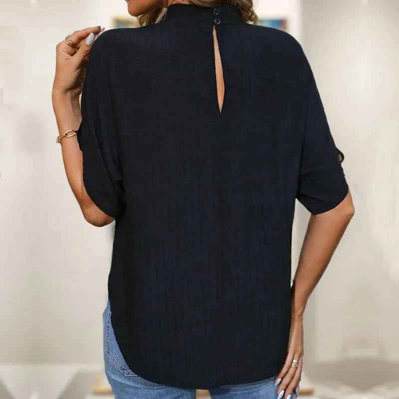 Standing Collar Fashionable Woman's Clothing Bat Sleeve Half Sleeve Casual Elegant Retro Design Women's Shirt Summer 2024 New